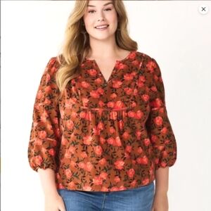 Sonoma Brown Coral Floral Corduroy Peasant Top, Size 2X. NWOT